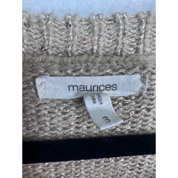 Maurices Womens Knit Sweater Beige Open Weave Sequin Long‎ Sleeve Crew Neck 3X - Picture 3 of 8